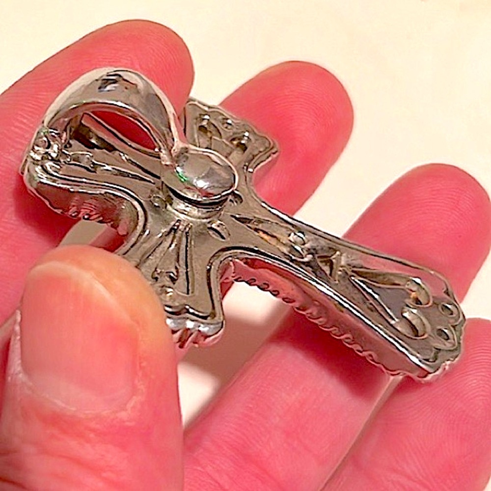 ✝️ GENUINE COWHIDE RHINESTONE STAINLESS STEEL CROSS CLIP SLIDE NECKLACE PENDANT - Picture 9 of 11